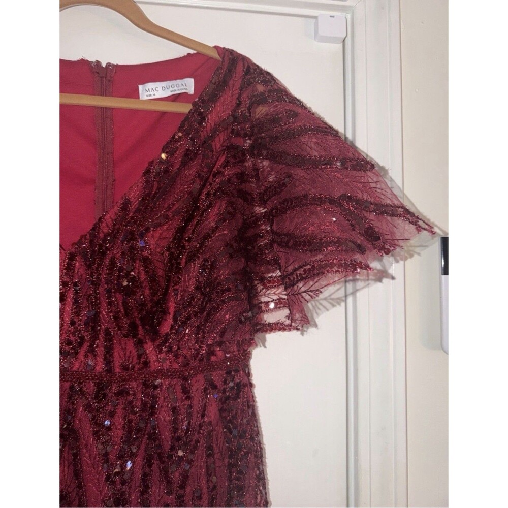Mac Duggal Red Sequin Cocktail Midi Dress. Size 10 Fringe Sleeves V-Neck. NWT - Picture 6 of 14